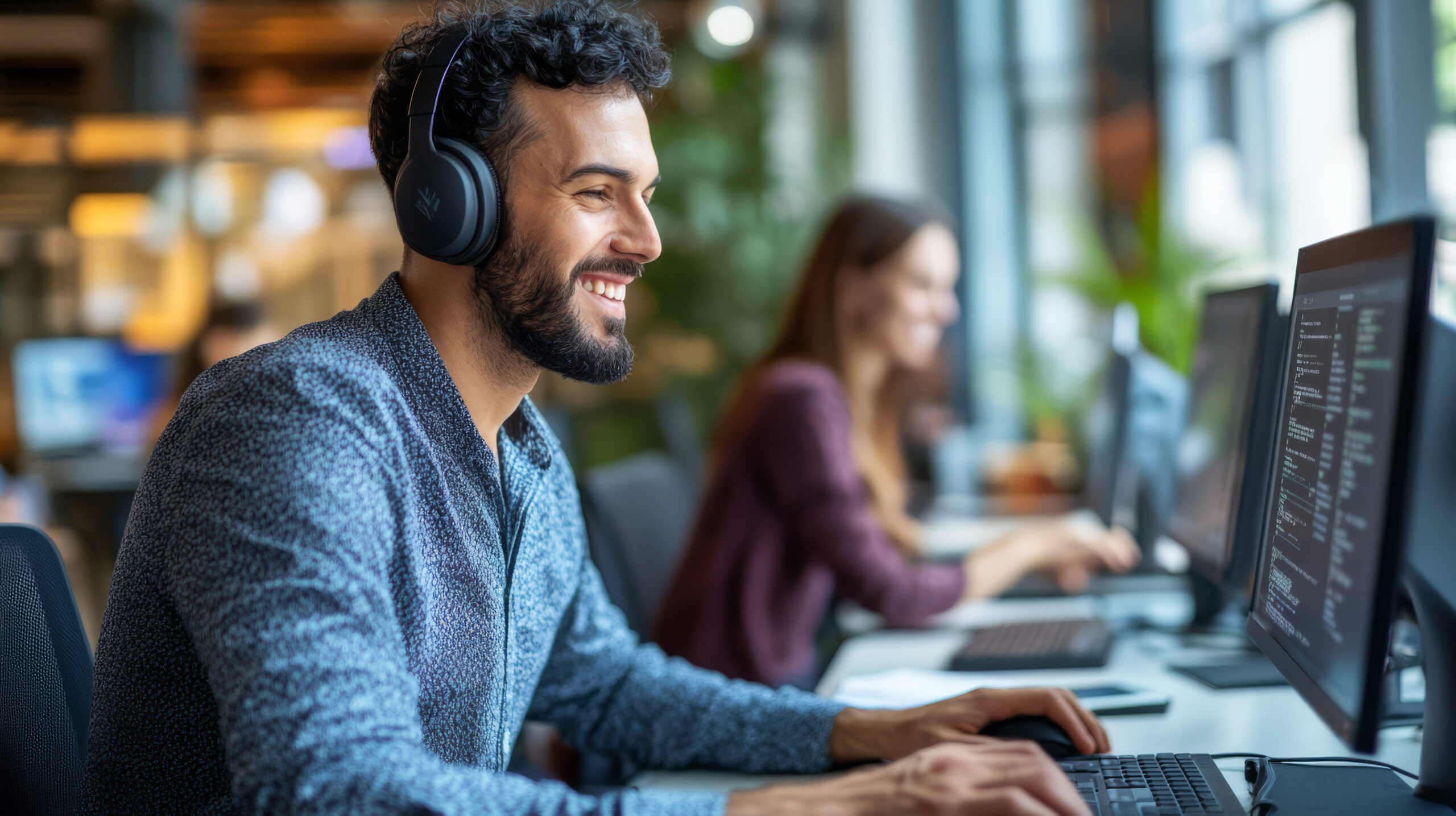 A help desk technician assisting an employee remotely, troubleshooting computer issues through screen-sharing tools